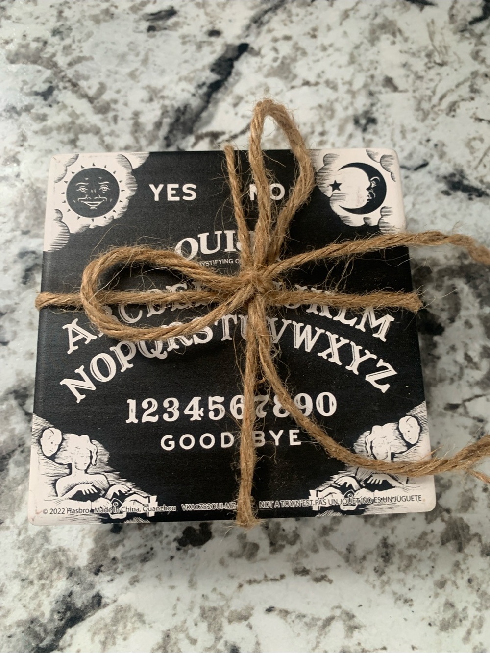 🆕- Black and White Ceramic Ouija Coaster Set with Wrapped In Twine